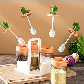 Mua Set 4 lọ đựng gia vị thủy tinh hũ gia vị hình xương rồng dễ thương kèm khay đựng dung tích 240ml