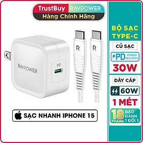 Bộ Củ Sạc Nhanh Type C 30W Cho iPhone 15, iPad Pro, SamSung RAVPower RP-PC120 + Cáp C to C RP-CB047 - Hàng Chính Hãng