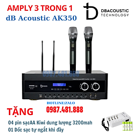 Amply 3 trong 1 dBAcoustic AK350 - Đẩy công suất liền vang cơ liền micro không dây cao cấp - nghe nhạc, karaoke cực hay, chống hú - Tặng bộ pin và sạc - Hàng Chính Hãng