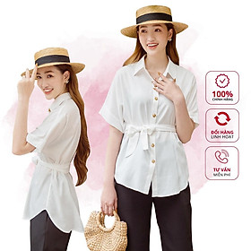 Áo sơ mi nữ trắng, dáng freesize, tay cánh rơi, ngắn tay, chất sợi sen thoáng mát, kèm đai rời Peony - OLIVIA TOP