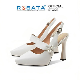 Giày cao gót nữ ROSATA RO601 mũi nhọn đính hạt quai hậu khóa cài gót cao 9cm xuất xứ Việt Nam - TRẮNG