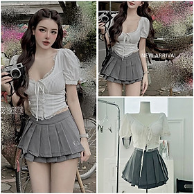 ĐẦM SET ÁO CROPTOP CỔ U ÔM BODY VIỀN REN TAY NGẮN + CHÂN VÁY NGẮN LƯNG CAO XẾP LY CHỮ A ĐI TIỆC ĐI CHƠI NOEL DẠO PHỐ GIÁNG SINH ĐI BIỂN