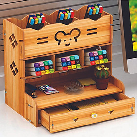 Hộp bút để bàn kệ đựng bút bằng gỗ HV10 - Tặng giá để điện thoại hình con thỏ bằng gỗ màu ngẫu nhiên