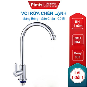 Vòi Rửa Chén Lạnh 1 Đường Nước INOX 304 Pimisi Cao Cấp Mạ Xi Cr/Ni Sáng Bóng Cổ Xoay Bi Cấp Nước Cho Chậu Rửa Bát 1-2-3 Hố Trong Nhà Bếp Gắn Chậu Âm - Dương Bàn Đá Quay 360 Tăng Áp Kiểu Đơn Cổ Ngỗng Cần Cứng - Thân - Để To | Hàng chính hãng