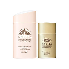 Bộ đôi Kem chống nắng dưỡng da dạng sữa dịu nhẹ cho da nhạy cảm & trẻ em SPF 50+ 60ml + Kem chống nắng dưỡng da dạng sữa bảo vệ hoàn hảo Anessa Perfect UV Sunscreen Skincare Milk SPF 50+ PA++++ 20ml