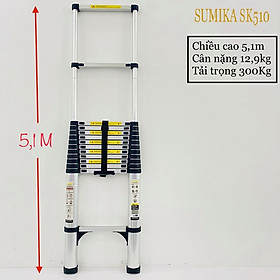 Thang Rút Đơn, Thang Nhôm Rút SUMIKA SK510, Thang Rút Đơn 5.1m, Công Nghệ Nhật Bản - Tải 300 KG - hợp kim nhôm cao cấp, khóa chốt chắc chắn, đế cao su chống trượt, nhỏ gọn - Luôn Có Phụ Kiện Thay Thế