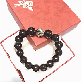 Vòng Tay Phong Thủy Đá Obsidian Núi Lửa Mix Charm Omshanti Bạc cho Nam Mệnh Thủy, Mệnh Mộc