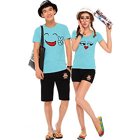 Bộ Áo Thun Đôi Nam Nữ Emotions Màu Xanh Thiên Thanh