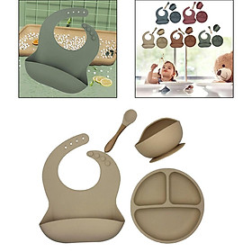 4pcs Complete Baby Feeding Set Includes Soft Waterproof Silicone Bib Suction Bowl with  Lid and Divided Suction Plate