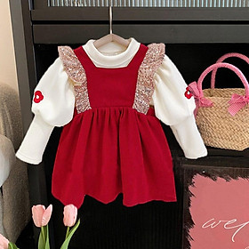 Set đầm nơ thêu hoa lót lông ấm áp cho bé