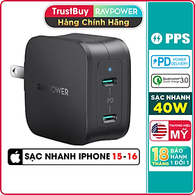 Mua Adapter Củ Sạc 40W 2 Cổng Type C PD 3.0 & QC 3.0 Nhỏ Gọn RAVPower RP-PC152 - Hàng Chính Hãng