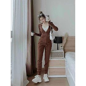 Sét bộ nữ chất thun gân tay dày có mũ kéo khóa nhiều màu phối quần năng động trẻ trung
