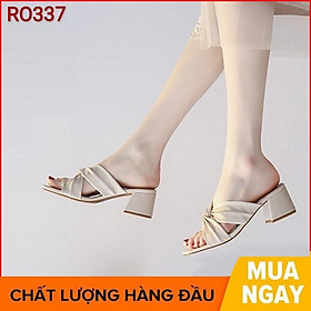 Dép nữ cao gót quai ngang 5 phân hàng hiệu rosata hai màu kem vàng ro337