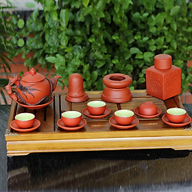 Bộ ấm chén tử sa đỏ đắp nổi hoa Lan đen và phụ kiện gốm sứ Bát Tràng (bộ bình uống trà, bình trà) 