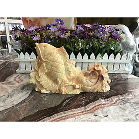 Tượng Cá chép kéo bắp cải phong thủy đá ngọc cẩm thạch vàng cà rốt - Dài 25 cm