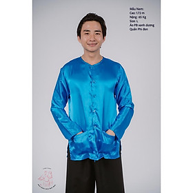 Bộ áo bà ba nam phối áo phi xanh dương + Quần phi đen - Có bộ bà ba Bigsize - A xanhduong+Qphi den