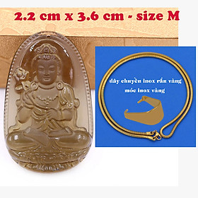 Mặt Phật Đại thế chí đá obsidian ( thạch anh khói ) 3.6 cm kèm dây chuyền inox rắn vàng - mặt dây chuyền size M, Mặt Phật bản mệnh
