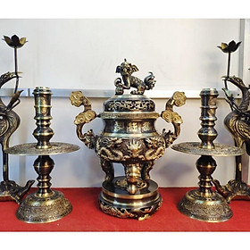 Mua Bộ Thờ Ngũ Sự Đỉnh Song Long Chầu Nguyệt bằng đồng nguyên chất làm màu giả cổ  Đỉnh đồng đại bái cỡ 40cm