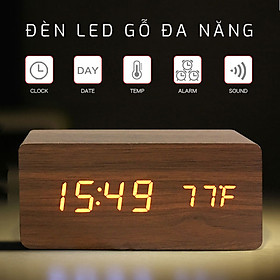 Đồng hồ gỗ LED để bàn cao cấp, có nhiệt độ, ngày tháng năm, cảm biến âm thanh