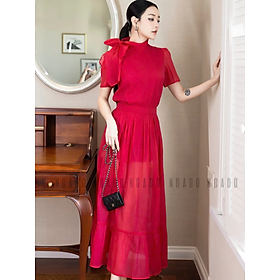 Set áo váy đỏ cột nơ NGADO, Set đồ nữ , Set áo kèm chân váy xòe , Set áo váy thiết kế