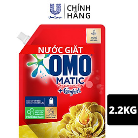 Nước giặt OMO Matic Comfort hương Tinh dầu thơm cho máy giặt cửa trên, xoáy bay vết bẩn, hương thơm bền lâu, túi 2.2kg