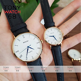 Đồng hồ cặp đôi nam nữ Halei kim xanh mặt trắng dây da nâu chính hãng Tony Watch 68