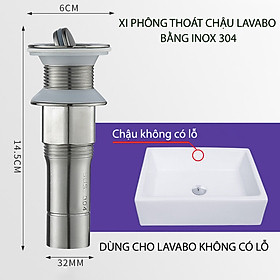 Xi phông chậu rửa mặt Lavabo inox 304 không gỉ, loại dùng cho chậu không lỗ thoát tràn