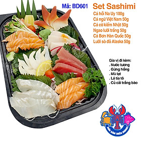 Mã 601_Set Sashimi Cá Hồi, Cá Ngừ, Cá Cờ Kiếm, Ngao lưỡi trắng, Lưỡi sò đỏ Alaska, Cá Bơn Hàn Quốc 350g