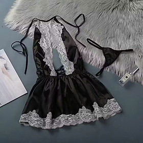 Váy Ngủ Lụa Yếm Phối Ren Xẻ Ngực Sâu Váy Xòe Gợi Cảm