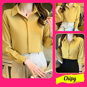 Áo Sơ Mi Nữ Công Sở Màu Vàng Cổ Đức CHIPY Kiểu Hàn Quốc Vintage Ulzzang Form Rộng Dài Tay Đẹp Chất Lụa Cao Cấp A2V