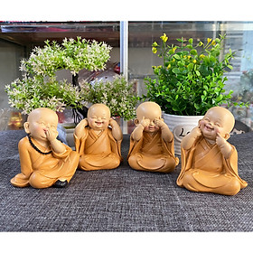 Bộ 04 tượng Tứ Không mẫu áo nâu size 10cm - tặng kèm 10 xu vàng mini may mắn