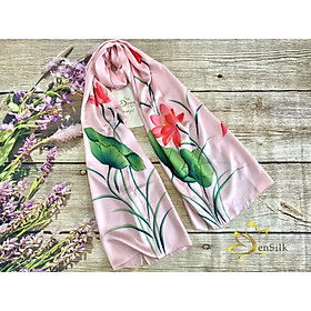 Khăn Lụa Vẽ Tay SenSilk Limited - Mẫu Hoa Sen (Nude - Hồng - Xanh), Quà Tặng Đẳng Cấp Silk Painting 180x55cm, Lụa Tơ Tằm Bảo Lộc Cao Cấp