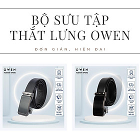 OWEN - Thắt lưng nam OWEN 100% da thật, mặt đen bóng, khóa trượt