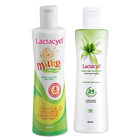 Bộ 2 Chai Dung Dịch Vệ Sinh Phụ Nữ Lactacyd Ngày Dài Tươi Mát 250ml + Sữa Tắm Gội Trẻ Em Milky 250ml