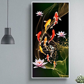 Tranh bóng kiếng Cửu Ngư Quần Hội bên hoa sen BK_0056