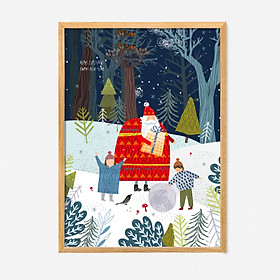 Tranh quà tặng Giáng Sinh trang trí khung kính gỗ sồi treo tường cao cấp"Santa Claus"
