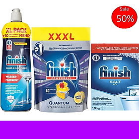 Combo Viên rửa bát Finish Quantum 60 viên hương thường + Muối Finish 4kg + Nước làm bóng Finish 750ml