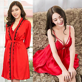 Combo áo choàng+ váy ngủ lụa cao cấp tặng kèm chip ren -Màu