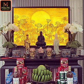 Mua Tranh trúc chỉ in MÂU NI Sen trăng  kt 107cm x 81cm  (thích hợp cho bàn thờ rộng 89cm  107cm  127 cm
