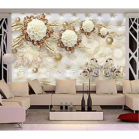 Tranh dán tường hoa 3d trang trí phòng ngủ vải lụa phủ kim sa