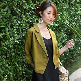 Áo Vest blazer nữ dáng lửng tay lỡ 2 khuy trẻ trung, chất vải Linen Bột Premium mềm mát, thích hợp hè, thu, có 2 màu lựa chọn (Đỏ mận, Xanh rêu)