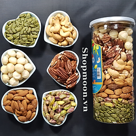 Mixed Nuts 6 loại hạt dinh dưỡng macca, hạt điều, hồ đào, hạnh nhân, hạt dẻ cười và bí xanh đã tách vỏ (hũ 500gr)