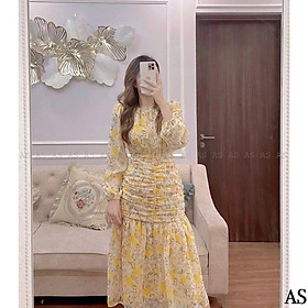 Hàng thiết kế️️Đầm đuôi cá nhún eo tay bồng hoạ tiết hoa vàng