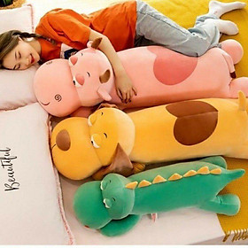 Gối Ôm Hình Thú Trâu Hồng - Khủng Long Xanh - Chó Tim , chất liệu Vải Nhung Cao Cấp size 80cm