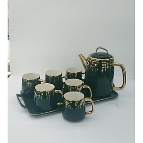 Bộ ấm chén ( bình trà ) uống trà sứ trắng viền vàng kèm khay kiểu Bắc Âu
