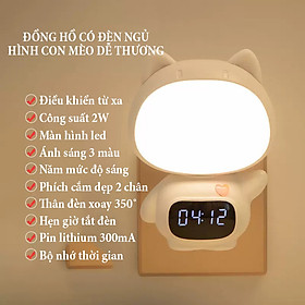 Đồng hồ xem giờ có đèn ngủ hình con thỏ dễ thương ánh sáng 3 màu, tăng giảm điều chỉnh độ sáng 5 cấp độ, pin sạc lithium 300mA