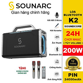 Loa Karaoke Bluetooth 5.0 SOUNARC K2 + 2 Micro Không Dây, Công suất 200W Loa di động Chống Nước IPX6, Pin 24000mAh, 4 Chế Độ Đổi Giọng Nói, 5 Hiệu Ứng Âm Thanh Vỗ Tay - Hàng chính hãng