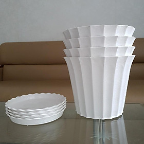 Combo 4 chậu trồng hoa khía nhựa trắng 22cm kèm 4 đĩa lót chậu
