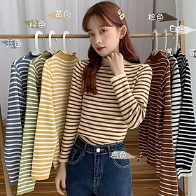 Áo Sweater Dệt Kim Cổ Lọ Kẻ Sọc Xinh Xắn Cho Nữ