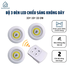 Bộ 3 Đèn LED chiếu sáng  không dây dán tường, Đèn 2 chế độ sáng điều khiển từ xa dùng pin - Chính hãng MINIIN 